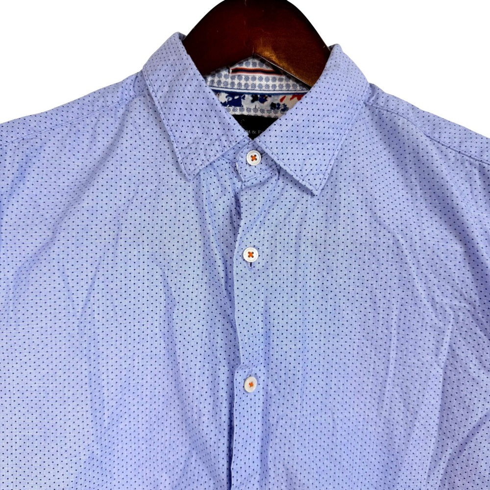 DENIM & FLOWER Slim Fit Short Sleeve Button Down Shirt Men Blue Dot‎ Print
